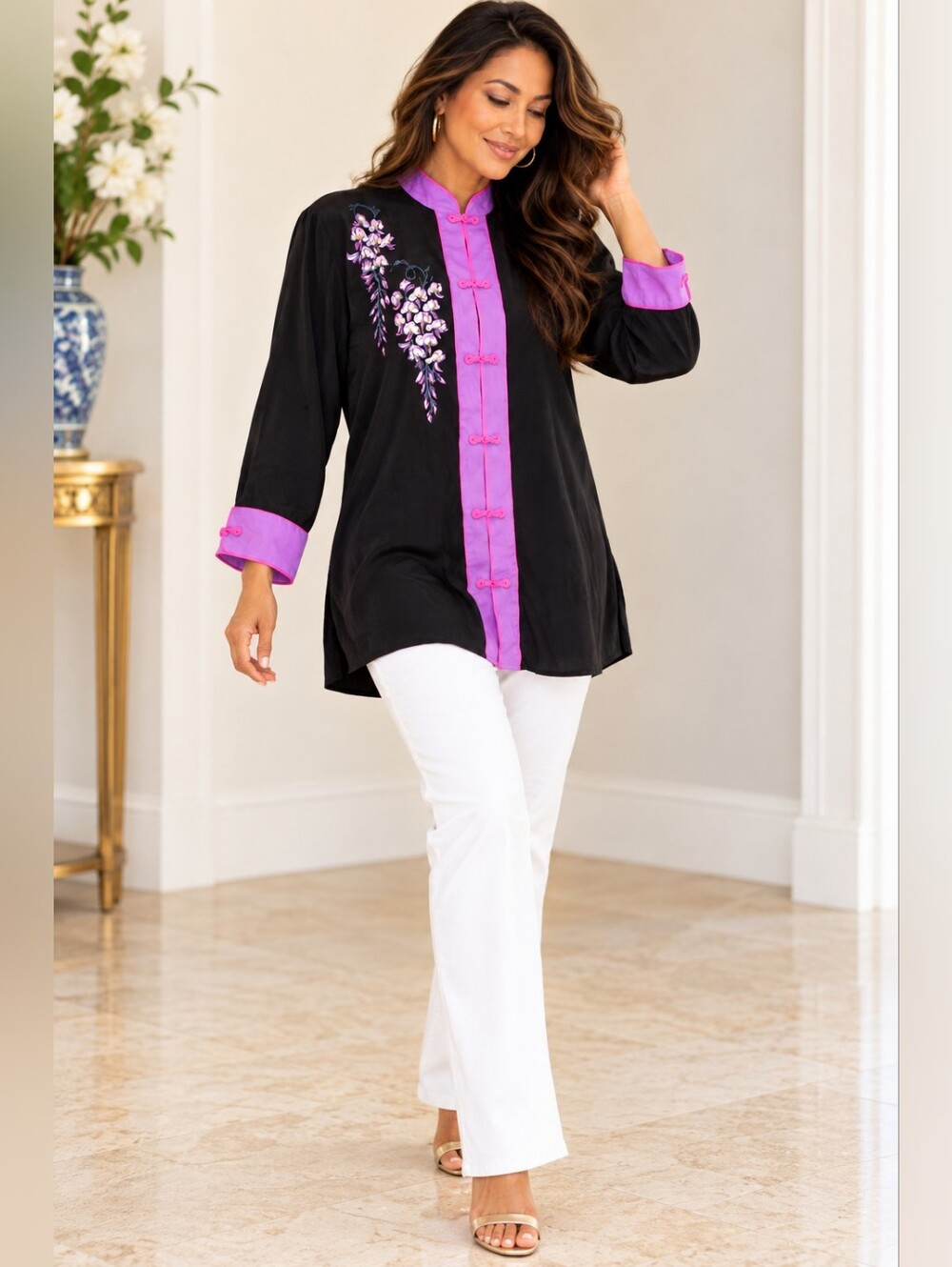 Bob Mackie Wearable Art 100% Silk Embroidered Mandarin Collar Tunic Blouse L